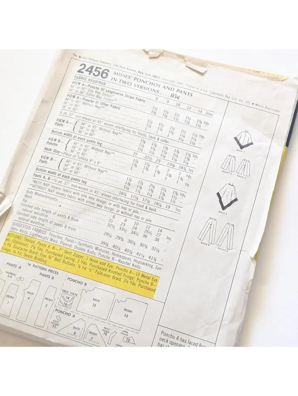 1970 Vintage McCall's 2456 Sewing Pattern for Ponchos & Pants